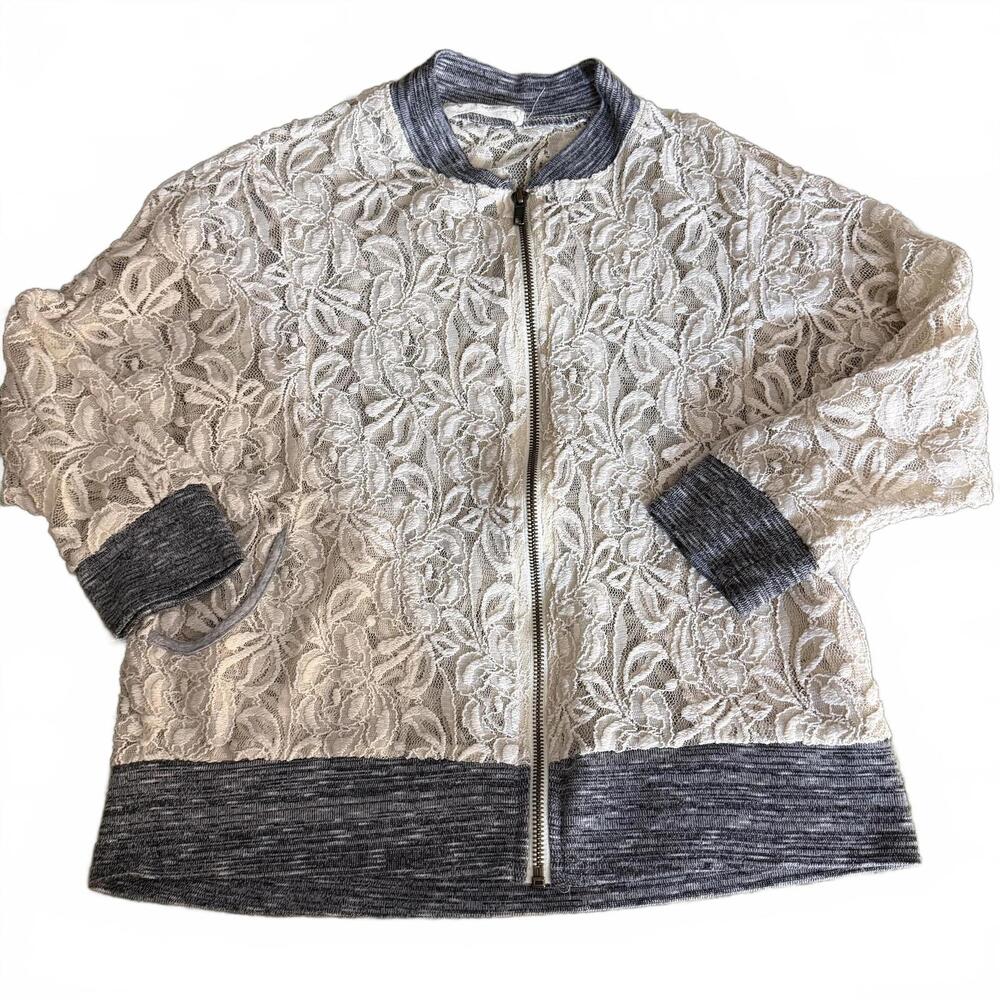 Scrapbook Lace Cardigan Cream/Gray Shrt Sleeve Zip Up Pockets SZ M Soft Girl Y2K